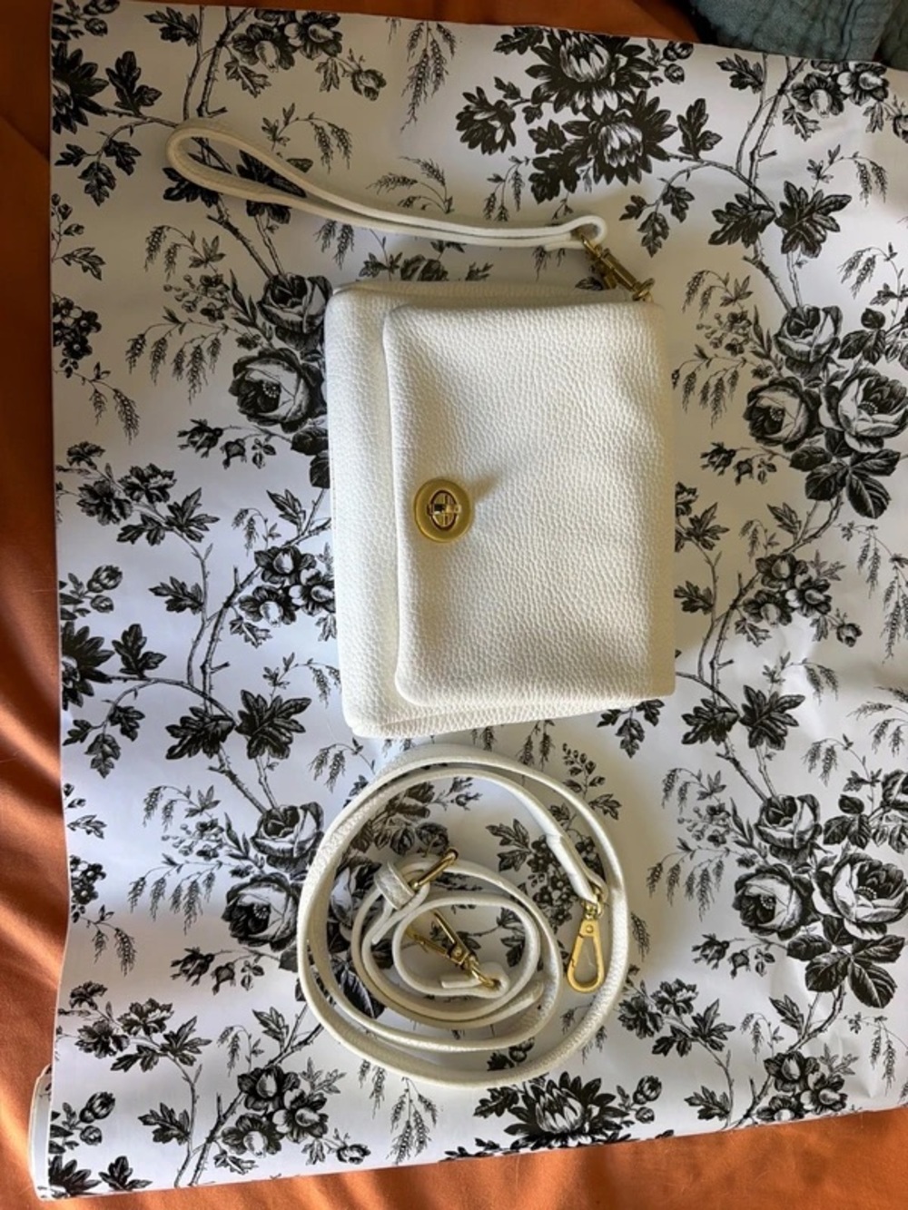 White Leather Crossbody Wristlet Bag with Gold Turn-Lock